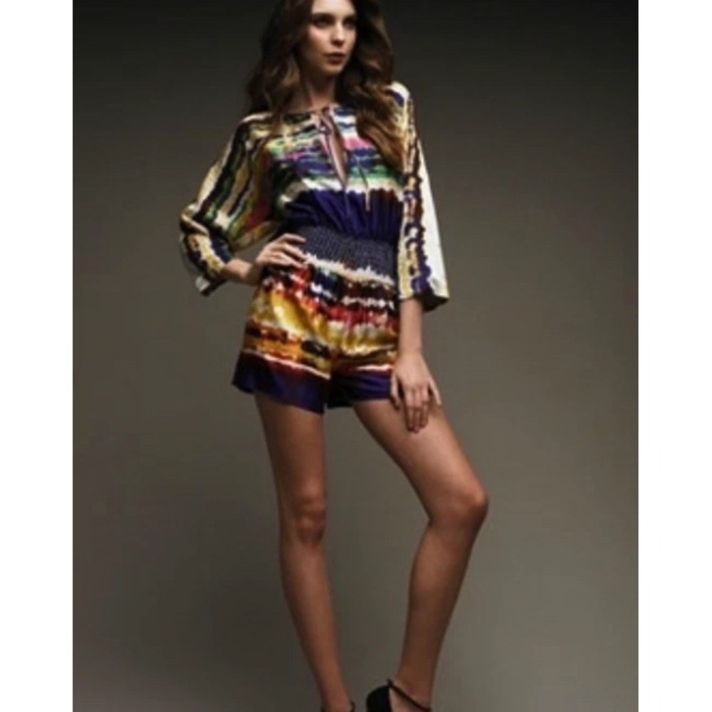 Halston Heritage 100% Silk Tie-Dye Smocked Waist Romper Y2K 3/4 Sleeve $376